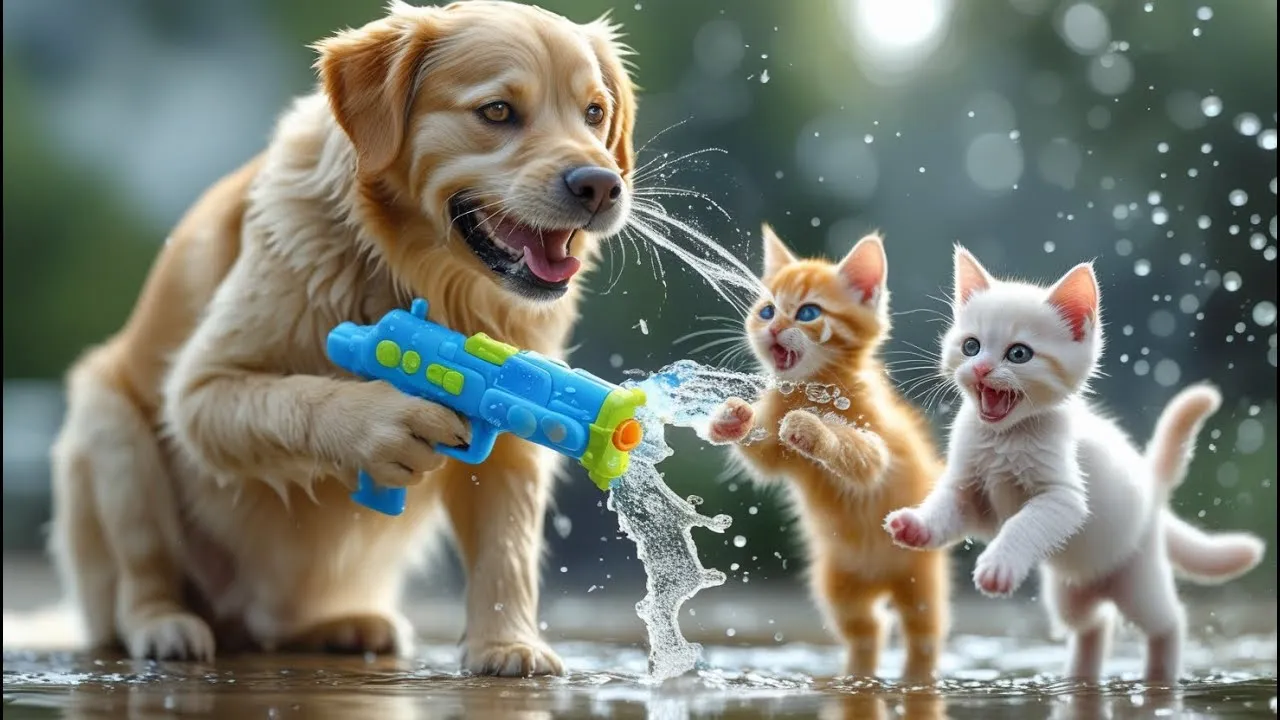 Ginger Papa Dog Hosts a Water Festival for Orphaned Kittens on Children's Day 🎉🐶💦🐱 #aidog#dog