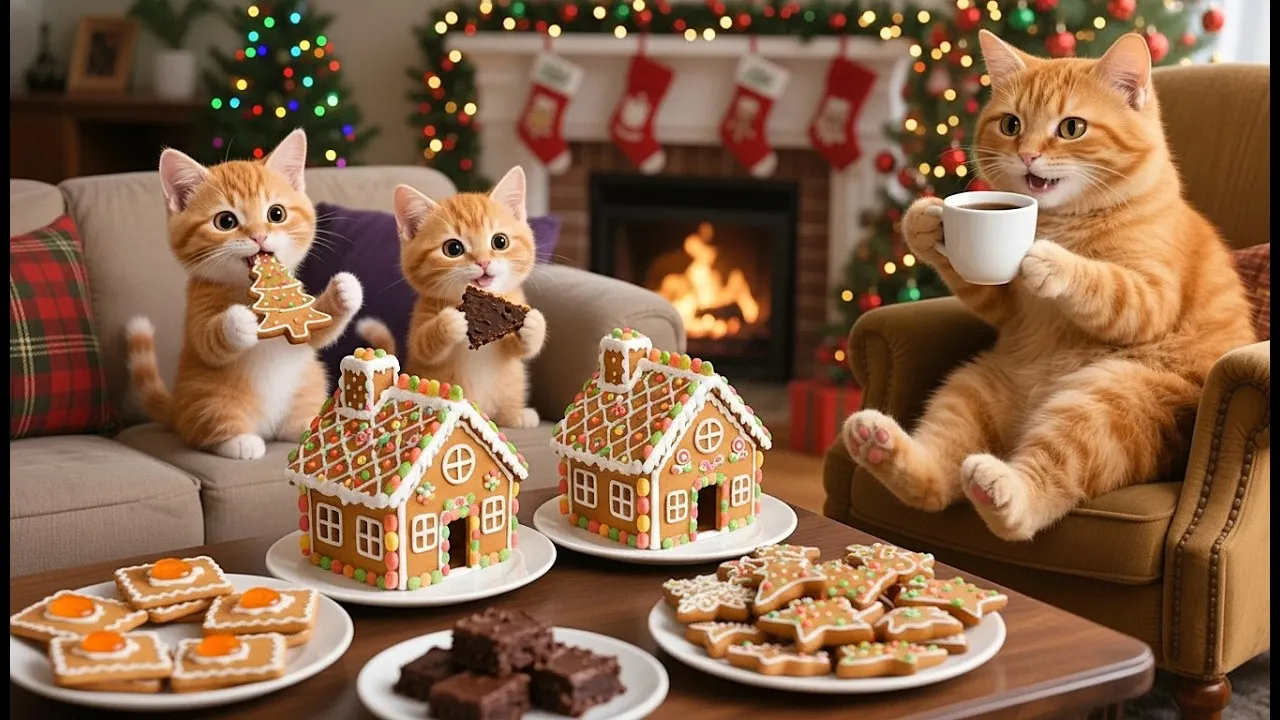 Mama Cat & Kittens Make GINGERBREAD HOUSES! 🏠🍭😻 | Christmas Baking & Decorating